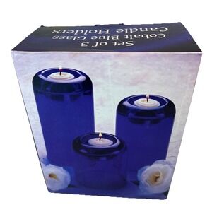 Set Of 3 Cobalt Blue Glass Tealight Candle Holders MCM Classic Elegant New